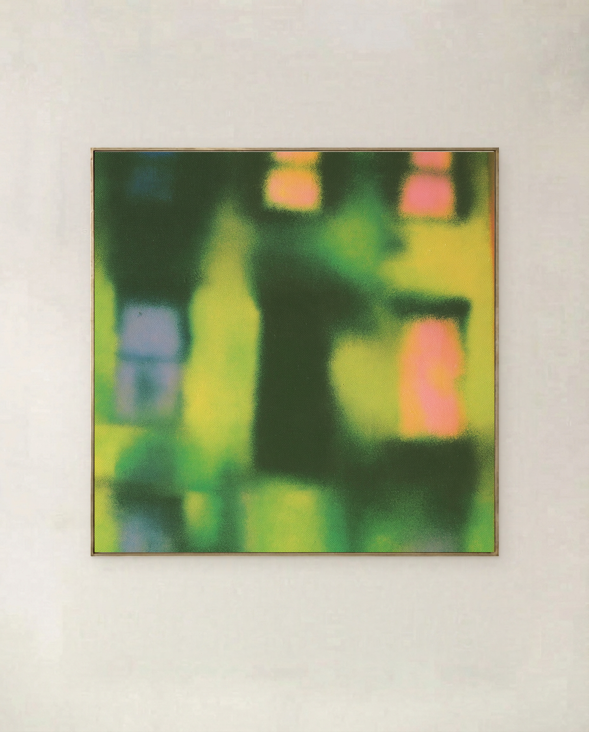 Emerald Terrace - abstract townhouse windows dissolving into acid green and coral, shown in a thin gold frame on a pale wall