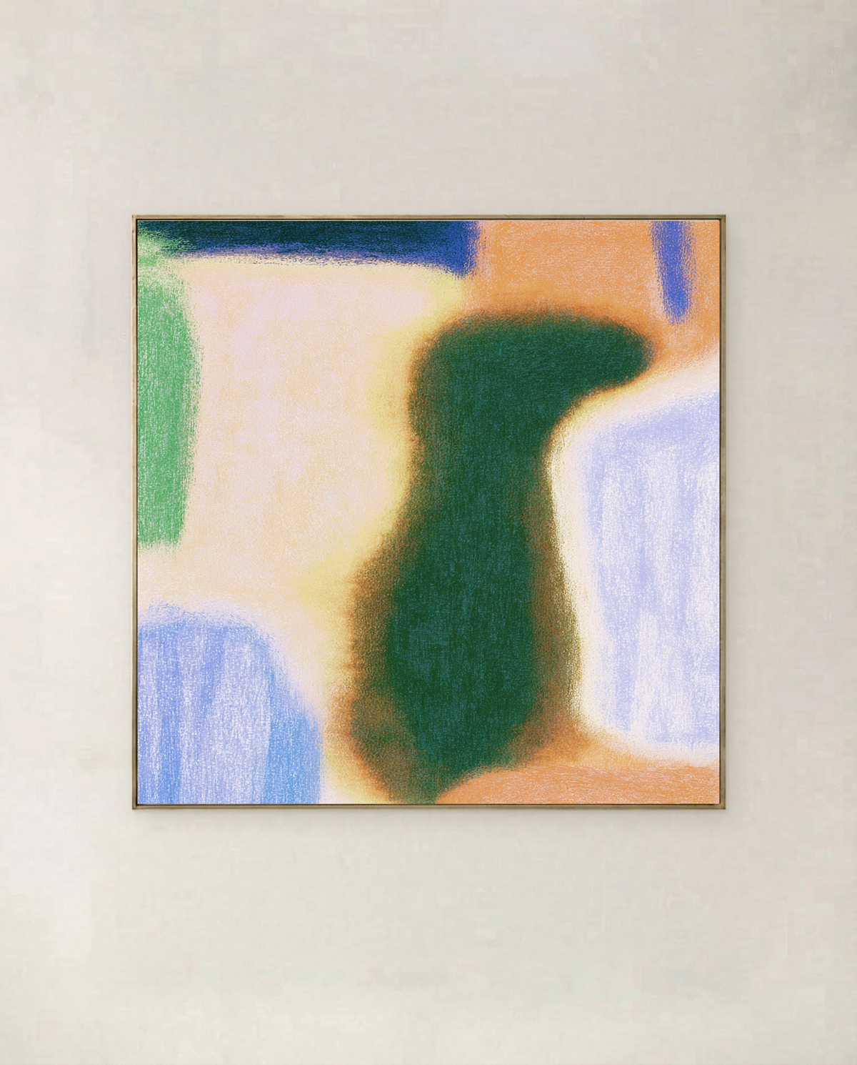Quiet Forms - soft columns of emerald, apricot and periwinkle, shown in a thin gold frame on a pale wall
