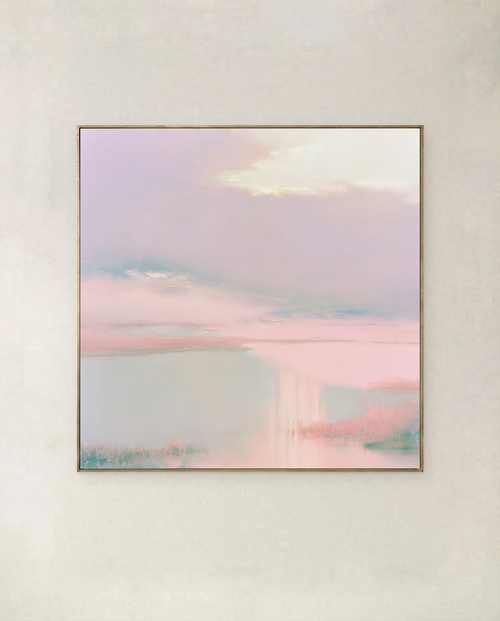 Dawn Estuary - pastel pink and lilac dawn sky over still water, shown in a thin gold frame on a pale wall