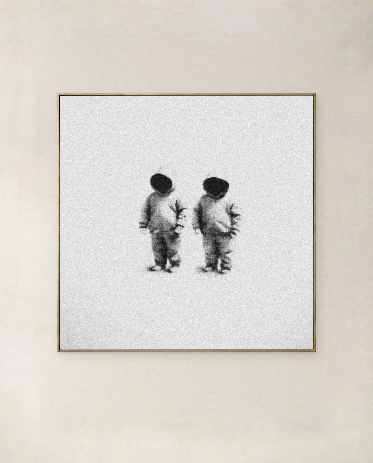 Two Small Figures — monochrome photographic art print of two small hooded figures