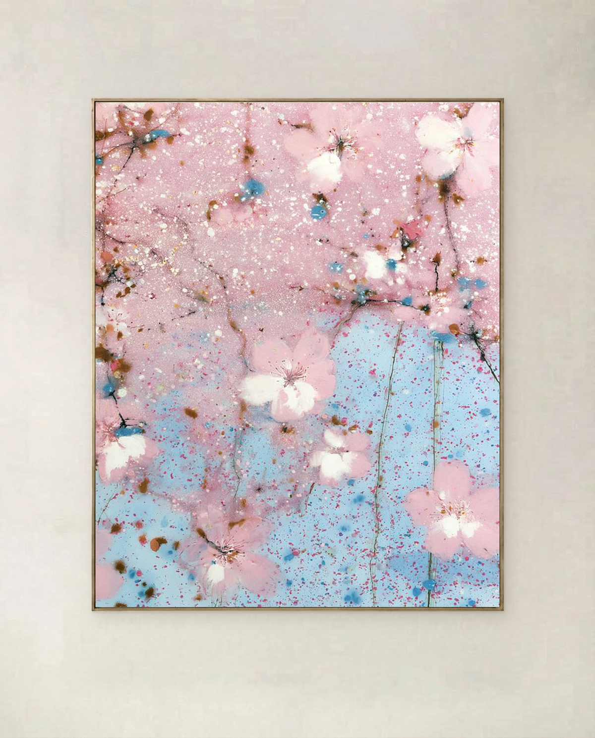Blossom on Blue — art print of blossom scattered across a rose and pale blue field