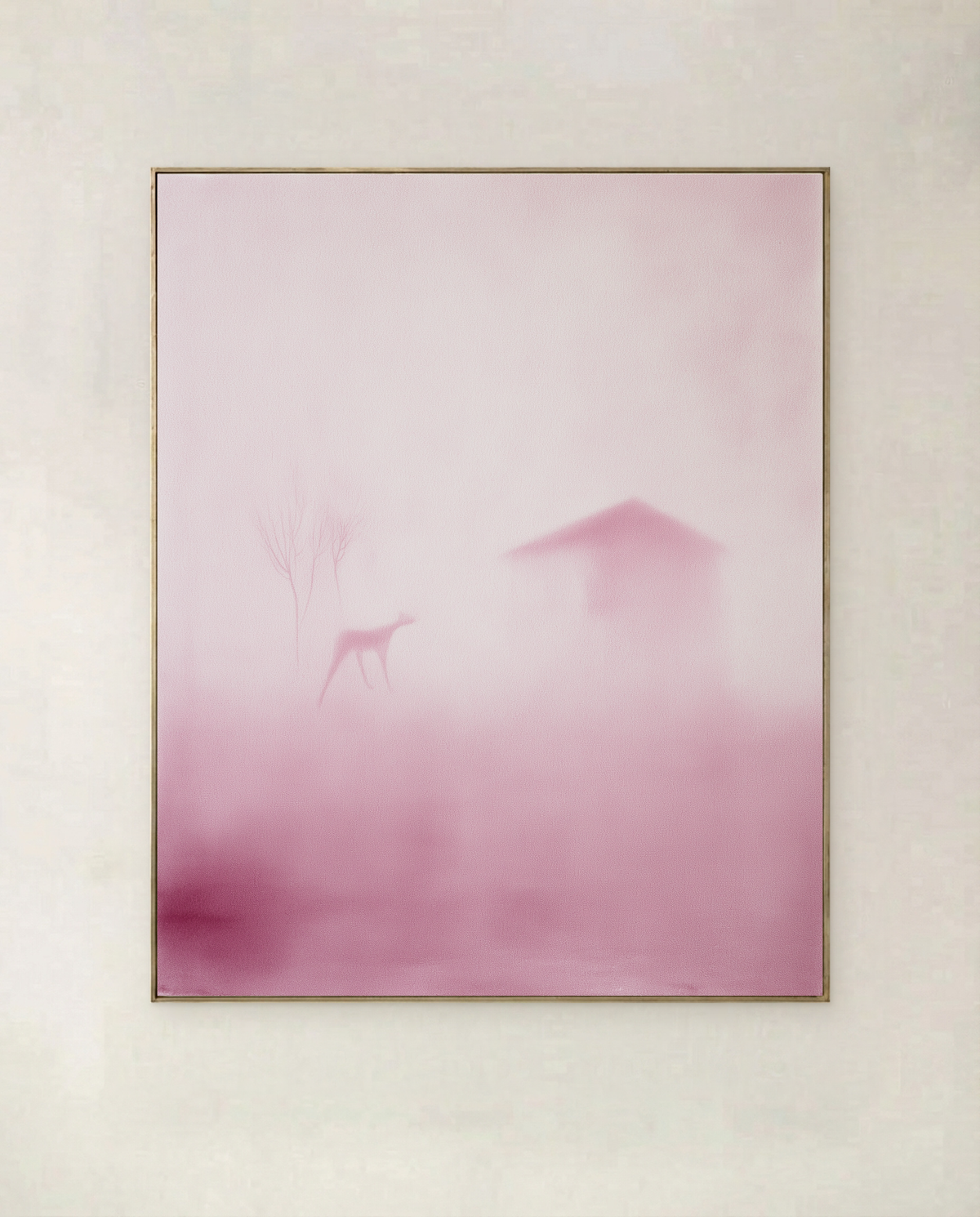 Rose Mist — art print of a dog, a house and bare trees in rose-coloured mist
