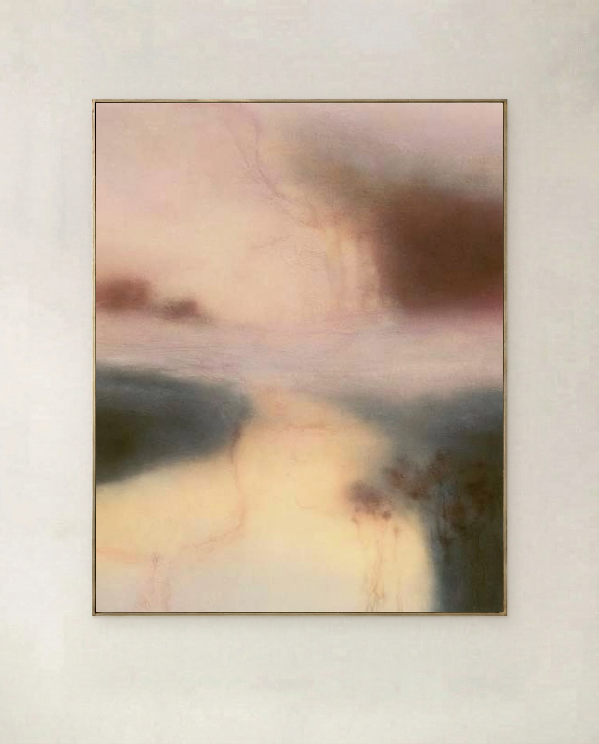Quiet River — art print of a pale river between dark banks under a pink sky