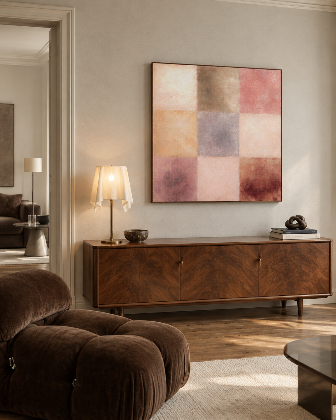 Nine Colour Blocks above a walnut credenza with a sculptural chair