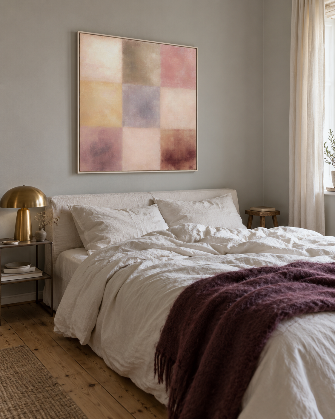Nine Colour Blocks in a bedroom with a plum throw