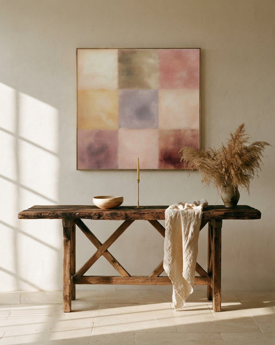 Nine Colour Blocks above a rustic console