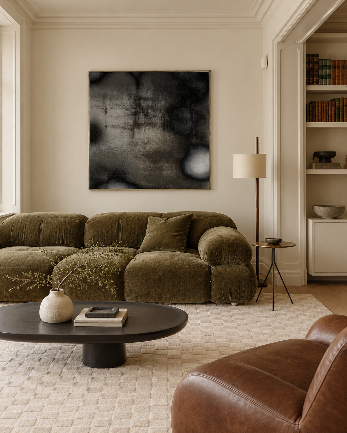Charcoal Nocturne above an olive sofa