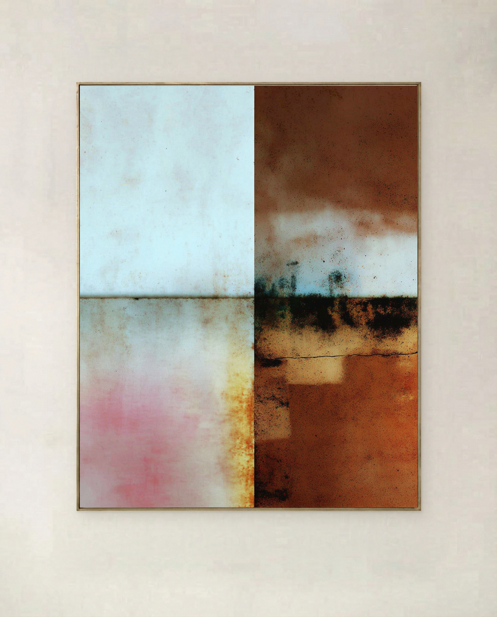 Blue and Umber Bands abstract artwork in pale blue, rust and blush