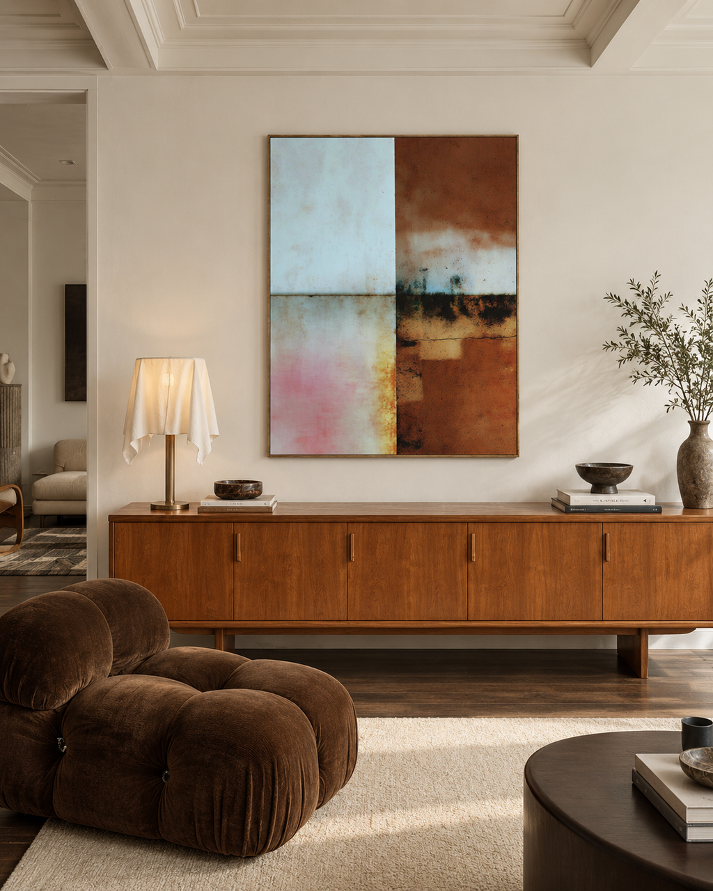 Blue and Umber Bands artwork above a vintage wooden sideboard