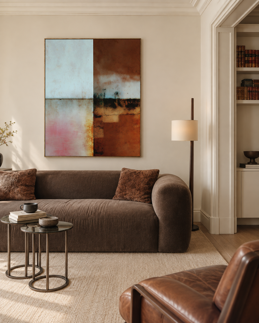 Blue and Umber Bands artwork above a brown sofa in a light living room