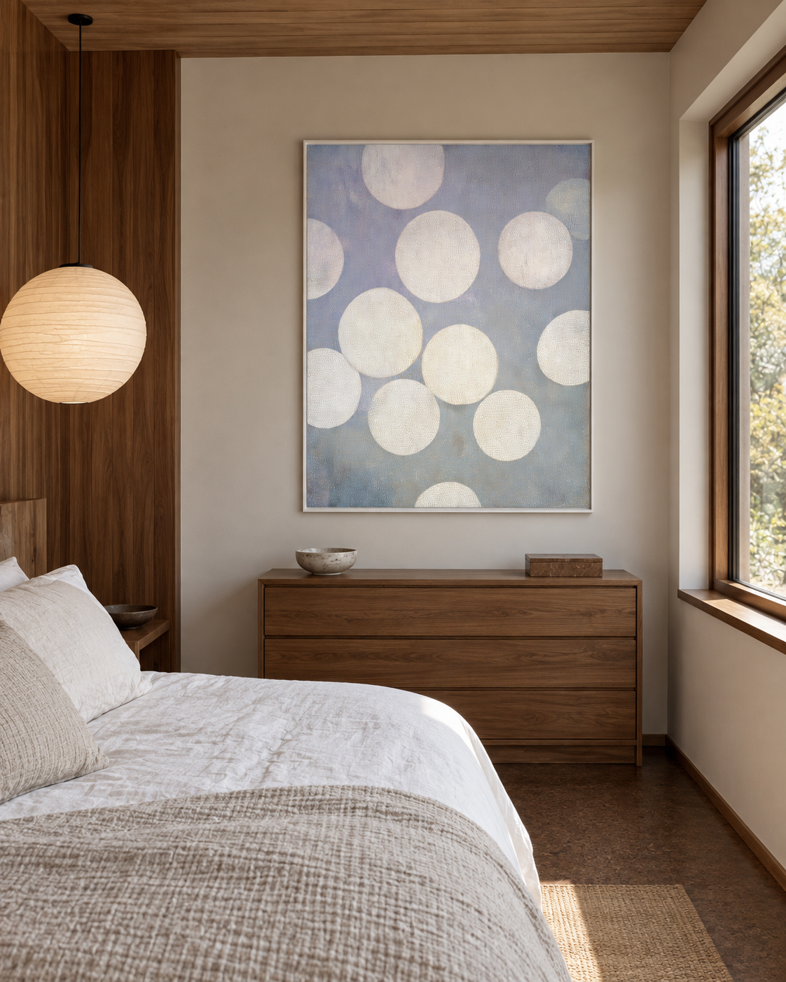 White Circles artwork in a warm walnut bedroom