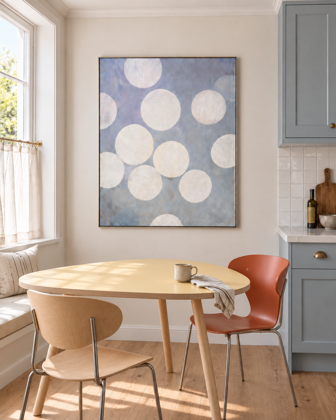 White Circles artwork in a pale blue Scandinavian breakfast room