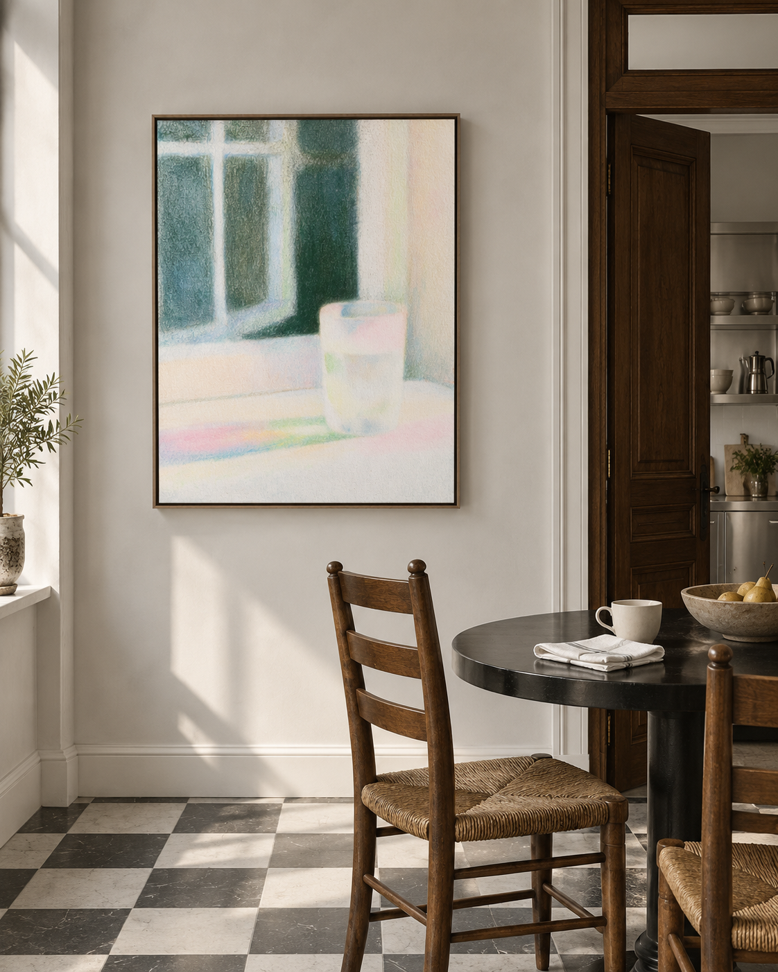 Window Still Life artwork in a sunlit dining nook with a checkerboard floor