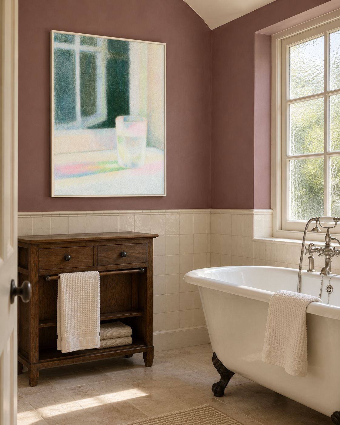 Window Still Life artwork in a plum bathroom beside a freestanding bath